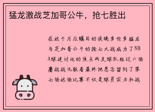 猛龙激战芝加哥公牛，抢七胜出