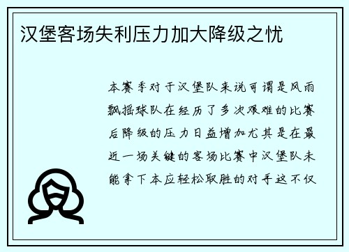汉堡客场失利压力加大降级之忧