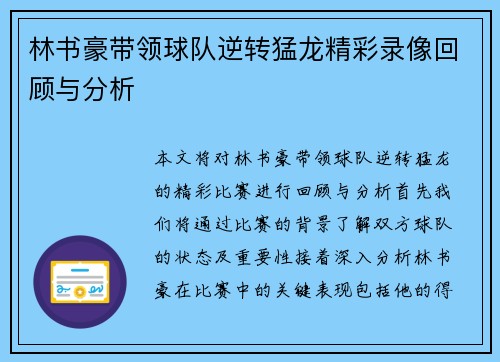 林书豪带领球队逆转猛龙精彩录像回顾与分析