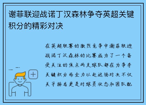 谢菲联迎战诺丁汉森林争夺英超关键积分的精彩对决