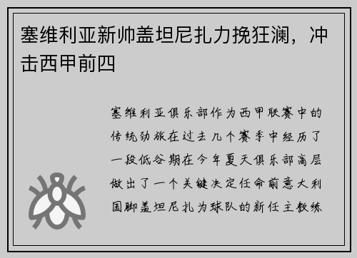 塞维利亚新帅盖坦尼扎力挽狂澜，冲击西甲前四