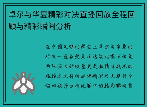 卓尔与华夏精彩对决直播回放全程回顾与精彩瞬间分析