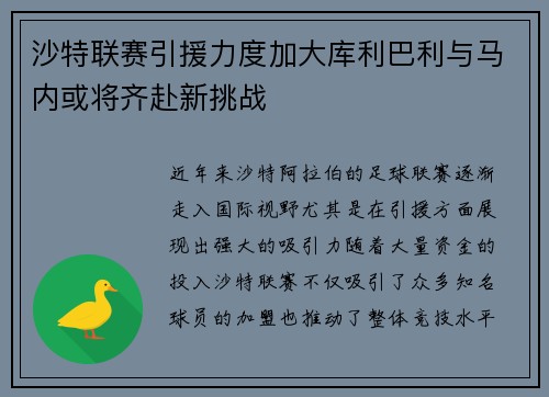 沙特联赛引援力度加大库利巴利与马内或将齐赴新挑战
