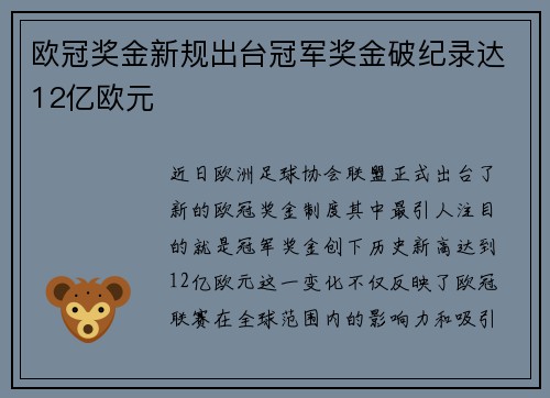 欧冠奖金新规出台冠军奖金破纪录达12亿欧元