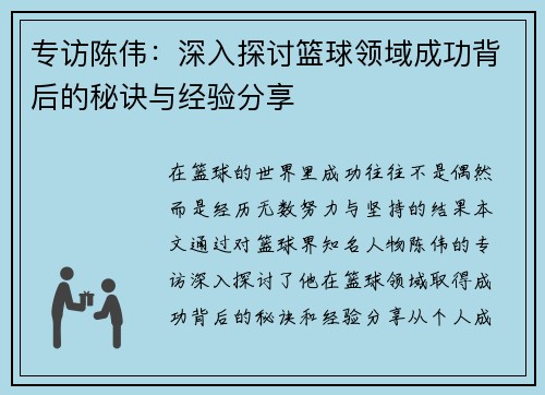 专访陈伟：深入探讨篮球领域成功背后的秘诀与经验分享