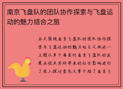南京飞盘队的团队协作探索与飞盘运动的魅力结合之旅